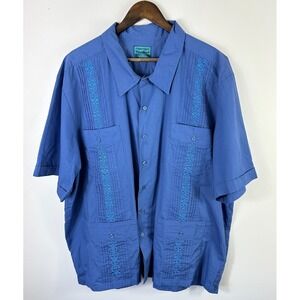 TropiCool Guayabera Shirt Mens 2XL Blue Embroidered Cuban Pockets Short Sleeve